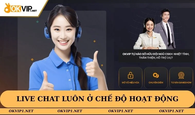 Liên hệ OKVIP live chat luôn ở chế độ hoạt động